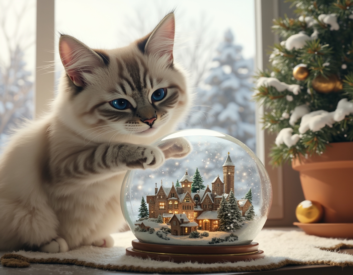 Playful cat bats at a snow globe on a table, mesmerized by the swirling snowflakes inside. The globe features a miniature Christmas village, while a snowy landscape is visible through the window in the background, enhancing the festive atmosphere.